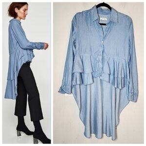 Zara Blue Chambray Asymmetric hi low button front long sleeve shirt. Size medium